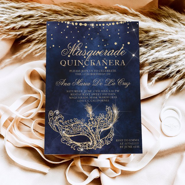 Convite quinceanera de ouro cônico com máscara de mascarad (Criador carregado)