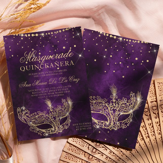 Convite quinceanera de ouro roxo com máscara mascarada (Criador carregado)