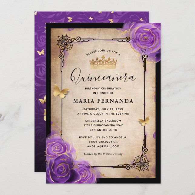 Convite Quinceanera de Rosa de Lavanda Dourada de Água (Frente/Verso)