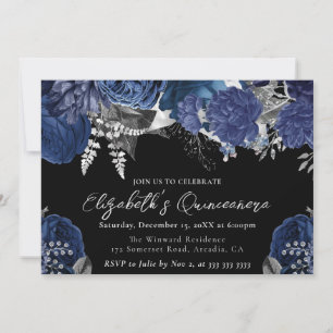 Convite Quinceanera de Rosas Prateadas e Azul-Navy em Aqua