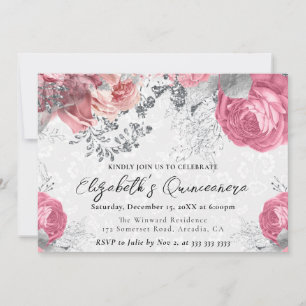 Convite Quinceanera de Rosas Roxas e Prata em Aquarela