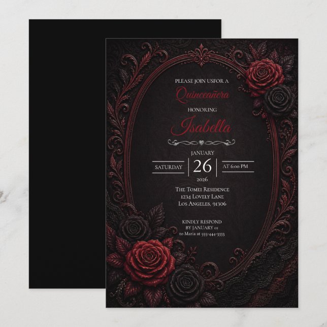 Convite Quinceañera de rosas vermelhas góticas (Frente/Verso)