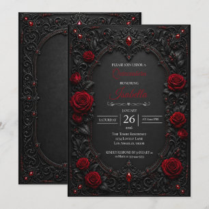 Convite Quinceañera de rosas vermelhas góticas