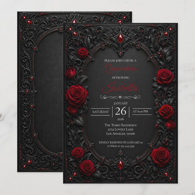 Convite Quinceañera de rosas vermelhas góticas (Frente/Verso)