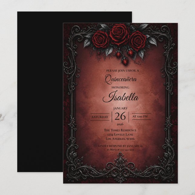 Convite Quinceañera de rosas vermelhas góticas (Frente/Verso)