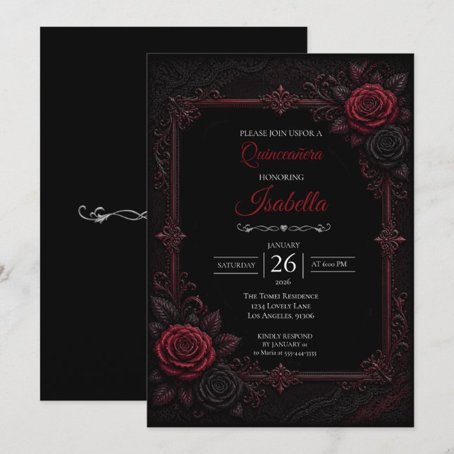 Convite Quinceañera de rosas vermelhas góticas (Frente/Verso)
