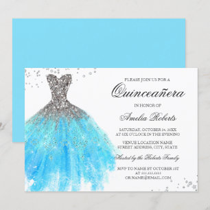 Convite Quinceanera de Vestido Azul Brilhante