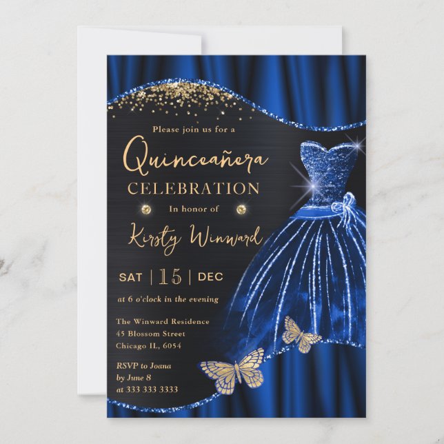 Convite Quinceanera De Vestido Azul E Dourado (Frente)