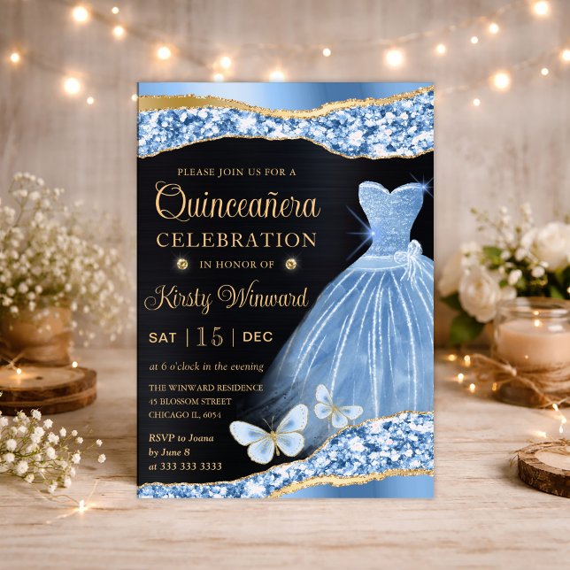Convite Quinceanera De Vestido Azul E Dourado (Criador carregado)