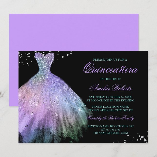 Convite Quinceanera de Vestido Brilho Roxo Azul (Frente/Verso)