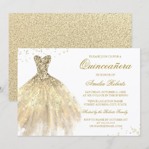 Convite Quinceanera de Vestido com Brilho Dourado
