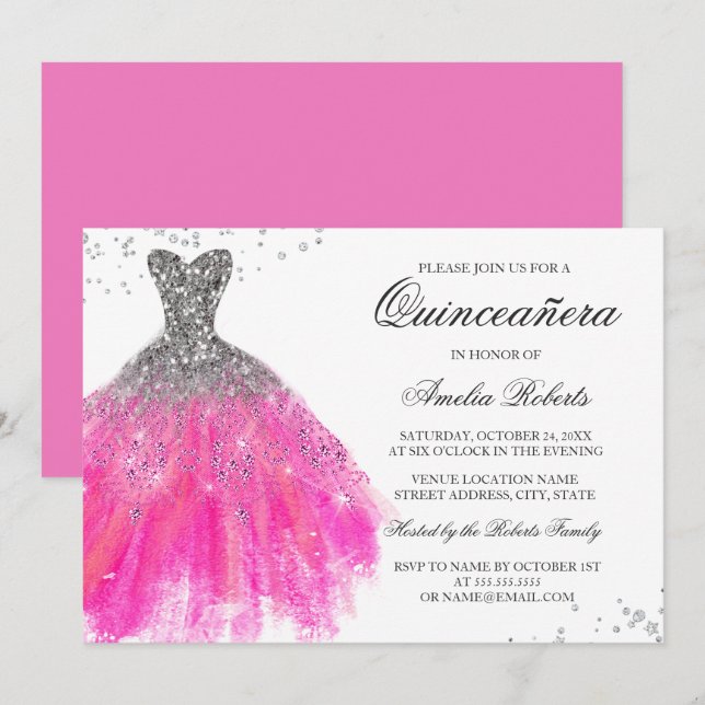 Convite Quinceanera de vestido com brilho rosa (Frente/Verso)