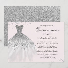 Convite Quinceanera de vestido rosa prateado brilh