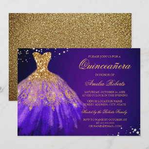 Convite Quinceanera de Vestido Roxo Dourado Brilha