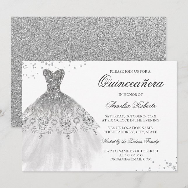Convite Quinceanera de Vestido Silver Sparkle (Frente/Verso)