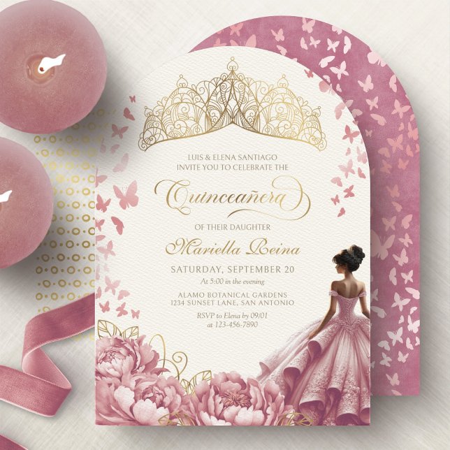 Convite Quinceanera De Vestimento De Flores Rosa Escamotea (Criador carregado)
