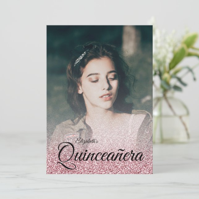 Convite Quinceanera de vestir com brilho Dourado do rosa (Em pé/Frente)