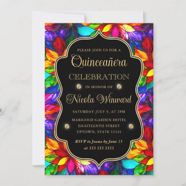 Convite Quinceanera de Vidro Manchado Multicolor e Dourado (Frente)