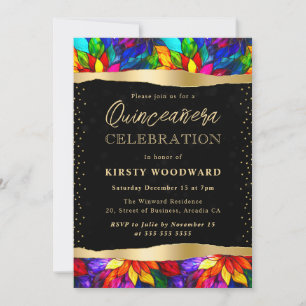 Convite Quinceanera de Vidro Manchado Multicolorido e Dour