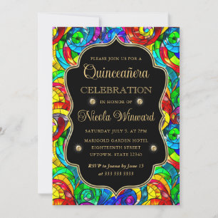 Convite Quinceanera de Vidro Manchado Multicolorido e Dour