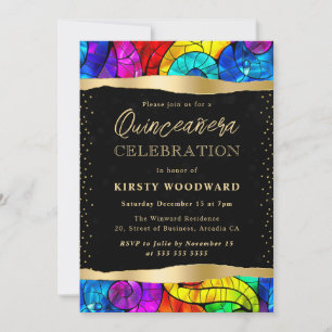 Convite Quinceanera de Vidro Manchado Multicolorido e Dour