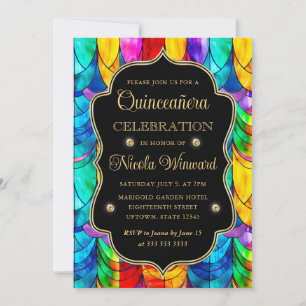 Convite Quinceanera de Vidro Manchado Multicolorido e Dour