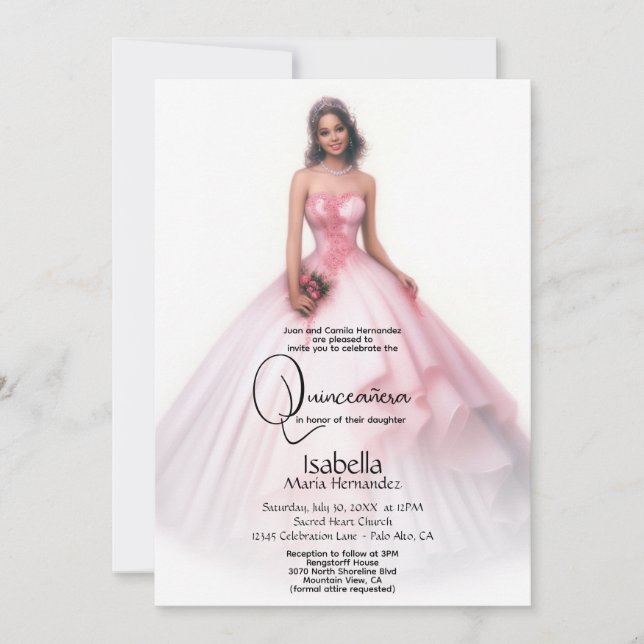 Convite Quinceañera | Delicado, Rosa, Quince Años (Frente)