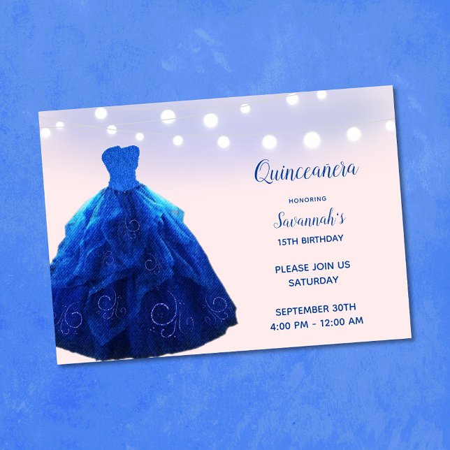 Convite Quinceanera Denim Blue Blush String Luzes (Criador carregado)