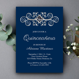 Convite Quinceanera Diamante Azul Marinho com Floreio Prat