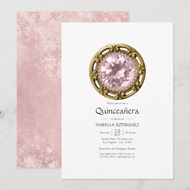Convite Quinceañera Diamante Rosa (Frente/Verso)