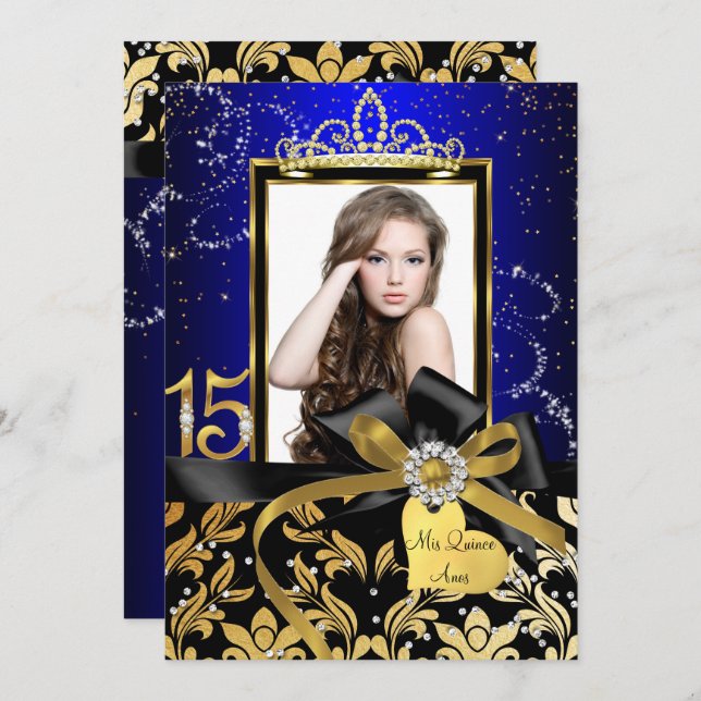 Convite Quinceanera do Arco do Sparkle Dourado Blue Damask (Frente/Verso)