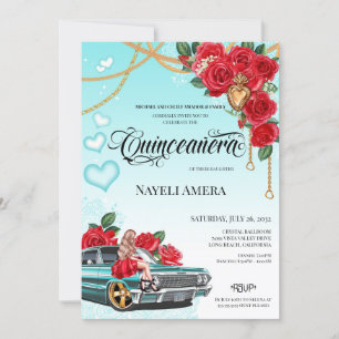 Convite Quinceanera do Coração Sagrado Chola, rosa vermelh
