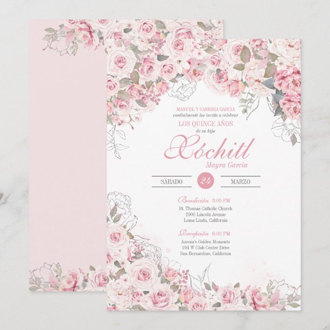 Convite Quinceanera do Rosa do Jardim de Prata Rosa Esmaga (Frente/Verso)