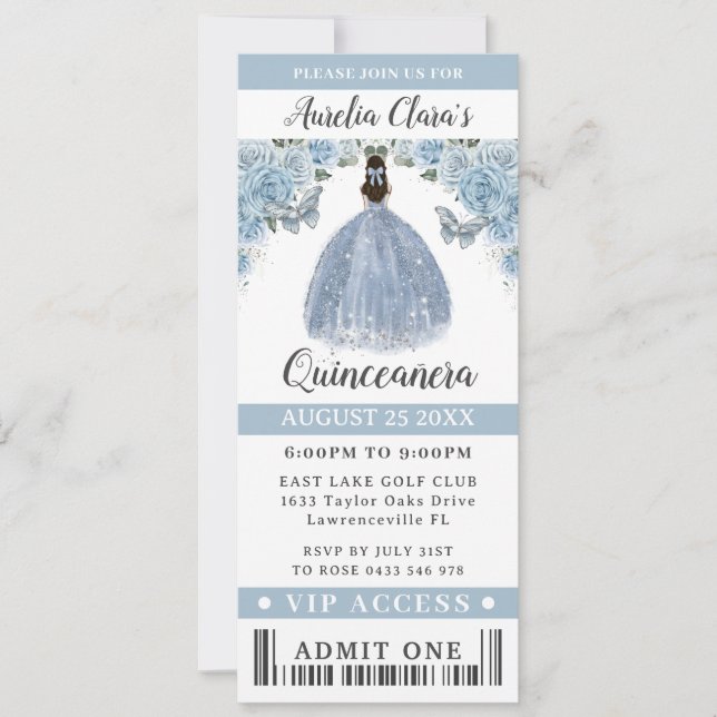 Convite Quinceañera Doce Azul 16 Bilhete VIP (Frente)
