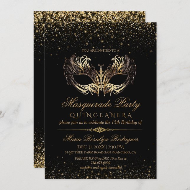 Convite Quinceanera Dourada (Frente/Verso)