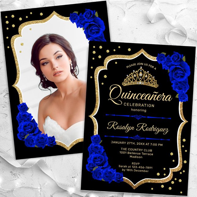 Convite Quinceanera Dourada Azul Negro (Criador carregado)