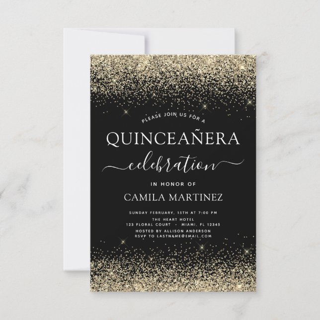 Convite Quinceanera Dourada Black Modern Glitter Sparkle (Frente)