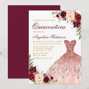 Convite Quinceanera Dourada Burgundy Vestido Floral
