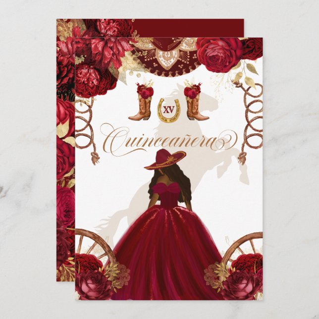 Convite Quinceanera Dourada Burgundy Western Charro 2 Side (Frente/Verso)