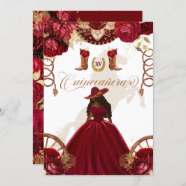Convite Quinceanera Dourada Burgundy Western Charro 2 Side