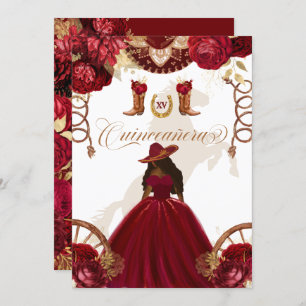 Convite Quinceanera Dourada Burgundy Western Charro 2 Side