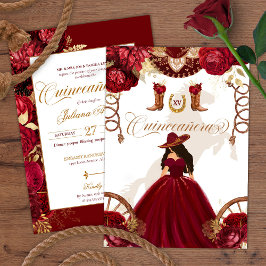 Convite Quinceanera Dourada Burgundy Western Charro 2 Side