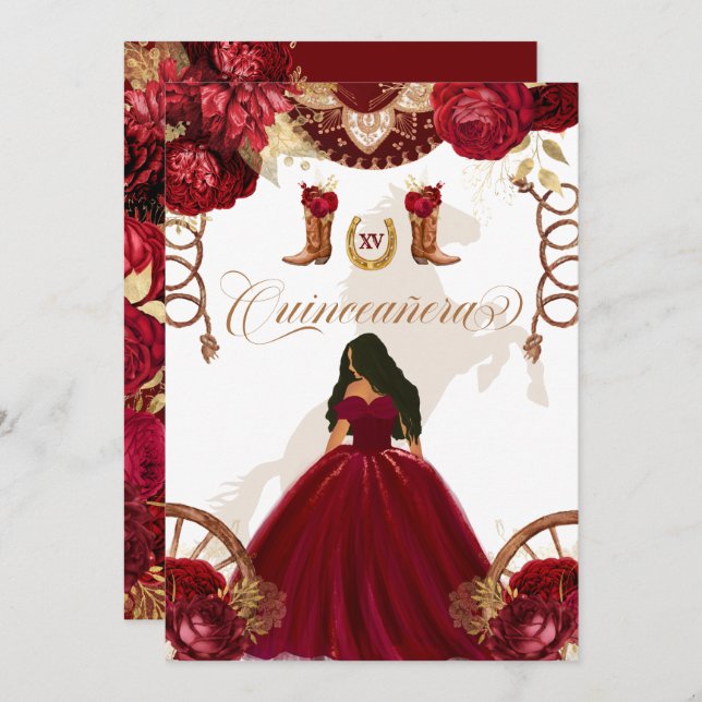 Convite Quinceanera Dourada Burgundy Western Charro 2 Side (Frente/Verso)