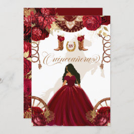 Convite Quinceanera Dourada Burgundy Western Charro 2 Side
