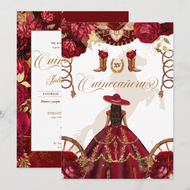 Convite Quinceañera Dourada Burgundy Western Charro 2 Side (Frente/Verso)