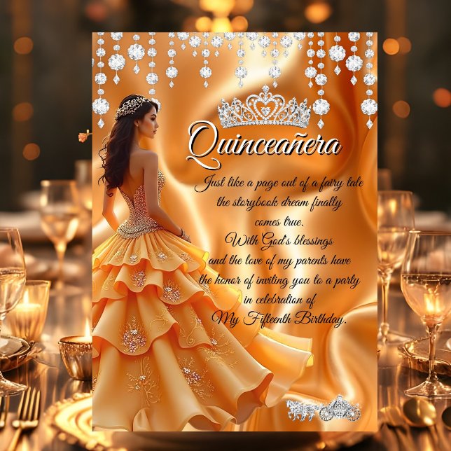 Convite Quinceanera Dourada Carruagem Amarela Tiara (Criador carregado)