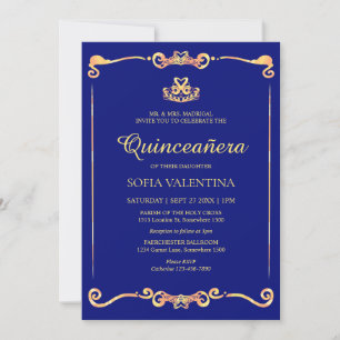 Convite Quinceanera Dourada Clássica Azul