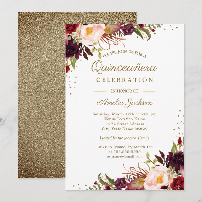 Convite Quinceanera Dourada com Aquarela Floral Burgundy (Frente/Verso)