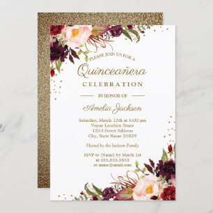 Convite Quinceanera Dourada com Aquarela Floral Burgundy