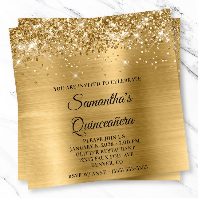 Convite Quinceanera Dourada com aspecto metálico (Glittery Gold Metallic Look Quinceanera Invitation)